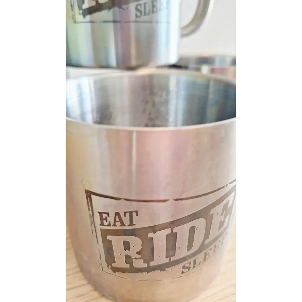Vtg Eat Sleep Ride Motorcycle Mugs Stainless Steel Coffee Cups Marlboro Set Of 4
